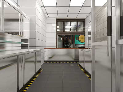 Modern Commercial Kitchen With Stainless Steel Worktables Tile Walls Ceiling Lights And Aisle 3d model