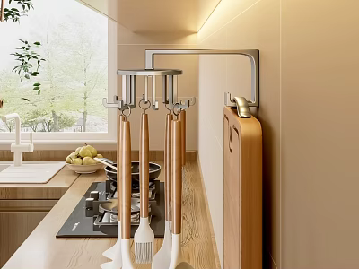 Wall Mounted Metal Hooks Organizing Cooking Utensils In Modern Kitchen Space 3d model