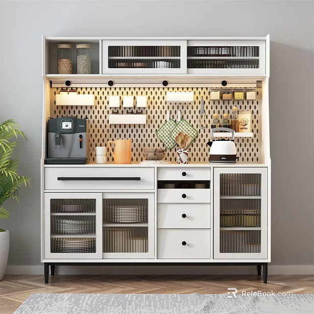 Modern White Sideboard with Open Shelves Glass Front Cabinets Drawers and Kitchen Essentials Storage 3d model 