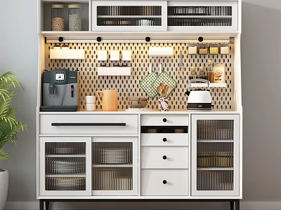 Modern White Sideboard with Open Shelves Glass Front Cabinets Drawers and Kitchen Essentials Storage 3d model