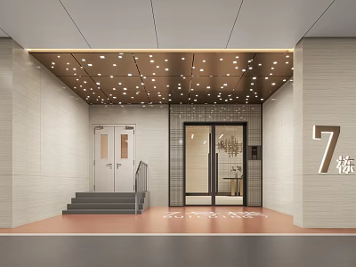 Building Facade Entrance Featuring Light colored Walls Copper Ceiling Recessed Lights White Doors Staircase Building 7 3d model
