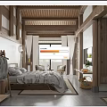 Chinese Style Hotel Room With Wooden Ceiling Large Bed And Natural Light Windows