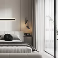 Modern Minimalist Bedroom With Large Bed Dressing Table Round Mirror And Floor to Ceiling Window