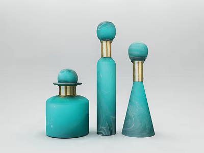 Modern Turquoise Glass Decorative Ornament Set with Gold Top and Varied Shapes 3d model