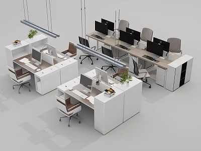 Modern Office Desks Setup With Computers Office Chairs And Green Desk Plants 3d model