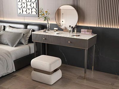 Modern Elegant Dressing Table Interior With Round Mirror Vase Flowers Cosmetics And Stool Beside Bed 3d model