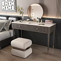 Modern Elegant Dressing Table Interior With Round Mirror Vase Flowers Cosmetics And Stool Beside Bed 3d model