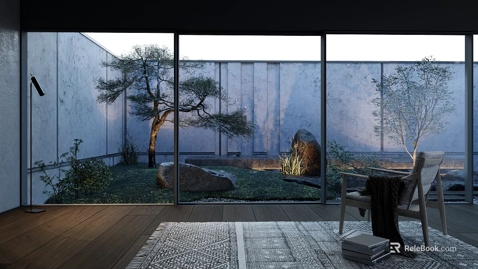 Karesansui Zen Garden Design with Large Rocks Moss Trees and Gravel Through Glass Windows 3d model 
