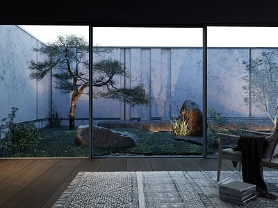 Karesansui Zen Garden Design with Large Rocks Moss Trees and Gravel Through Glass Windows 3d model