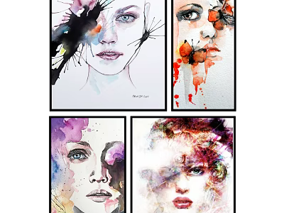 Colorful Abstract Female Portrait Paintings With Watercolor Splashes And Floral Elements 3d model