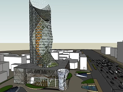 Modern Office Building With Unique Geometric Glass Facade Set In Urban Cityscape With Landscaped Areas 3d model