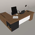 Brown Wooden Office Desk With Black Chair Laptop Table Lamp And Open Book