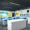School Cafeteria Interior With Wooden Tables Stools Pendant Lights TV Screen And Windows