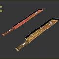 Two Modern Long Knives With Wooden Handles And Blue Glowing Sections Design