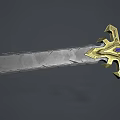 Ornate Medieval Sword With Golden Guard Blue Gemstone Brown Handle And Textured Blade