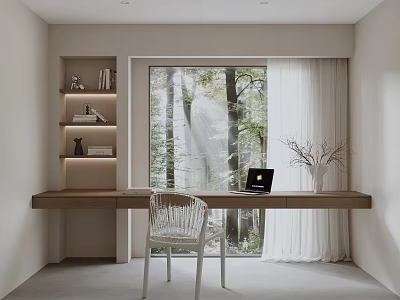 Sunlit Home Office With Wooden Desk Laptop White Woven Chair Built-in Bookshelf And Forest View 3d model
