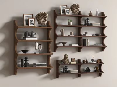 Wooden Wall Mounted Shelves Displaying Decorative Items Photo Frames Sculptures Vases And Books 3d model