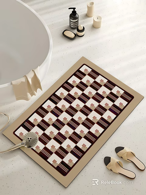 Modern Bathtub in Bathroom With Checkerboard Pattern Mat Beige Towel And Showerhead 3d model 