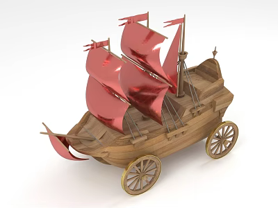 Wooden Ship With Red Sails And Gold Wheels On White Background 3d model