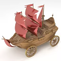 Wooden Ship With Red Sails And Gold Wheels On White Background