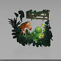 Adventurous Character In Red Outfit With Green Creature Among Lush Jungle Plants And Tropical Leaves