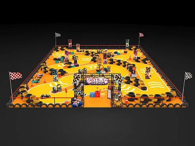 Toy Race Track Model Featuring Yellow Ground Toy Cars Tire Borders And Flags 3d model