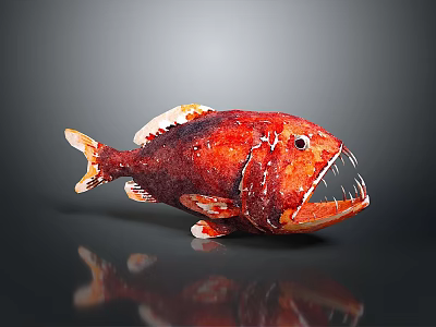 Vibrant Red Aquatic Fish Characterized By Sharp Teeth And Textured Body Appearance 3d model