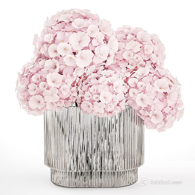 Elegant Pink Hydrangea Flowers Arranged In Silver Fringed Decorative Vase 3d model 