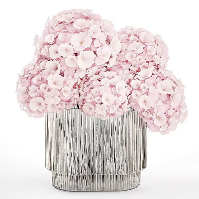 Elegant Pink Hydrangea Flowers Arranged In Silver Fringed Decorative Vase 3d model