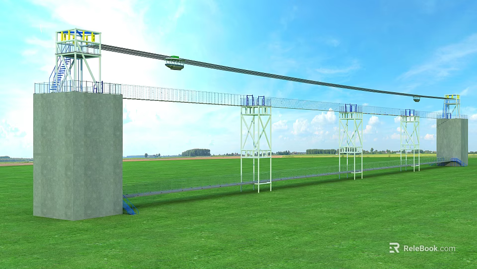 Outdoor Zip Line Recreation Equipment With Concrete Pillars Metal Frames Steel Cables Over Green Grass Field And Blue Sky Background 3d model 