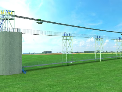 Outdoor Zip Line Recreation Equipment With Concrete Pillars Metal Frames Steel Cables Over Green Grass Field And Blue Sky Background 3d model