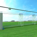 Outdoor Zip Line Recreation Equipment With Concrete Pillars Metal Frames Steel Cables Over Green Grass Field And Blue Sky Background