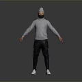 Man in Gray Turtleneck Sweater Black Mask Standing Black Pants White Shoes on Gray Background