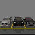 Indoor Parking Lot With Three Parked Cars And Yellow Parking Lines