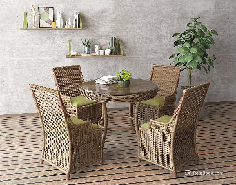 Round Outdoor Table With Rattan Chairs Small Potted Plant And Books On Wooden Floor 3d model 