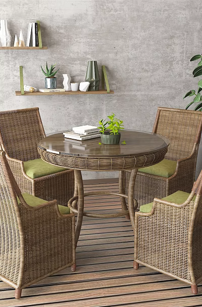 Round Outdoor Table With Rattan Chairs Small Potted Plant And Books On Wooden Floor 3d model