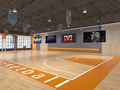 Indoor Basketball Court With Orange Wooden Floor Basketball Logo Digital Screens And Hanging Banners 3d model