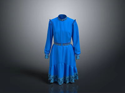 Elegant Blue Dress With Stand Collar Long Sleeves Belted Waist And Lace Trim Hem 3d model