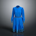 Elegant Blue Dress With Stand Collar Long Sleeves Belted Waist And Lace Trim Hem