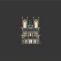 Cartoon Medieval Castle Scene With Spires Colorful Windows Gothic Towers And Blue Roof