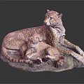 Cheetah Sculpture Featuring Mother and Cub with Green Grass Base and Detailed Texture