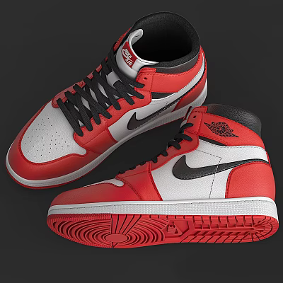 Red White Black Leather High Top Sneakers With Nike Swoosh Logo And Jumpman Design 3d model