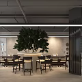 Modern Restaurant Interior Design With Large Tree Bar Counter Bar Stools And Sofa Area 3d model