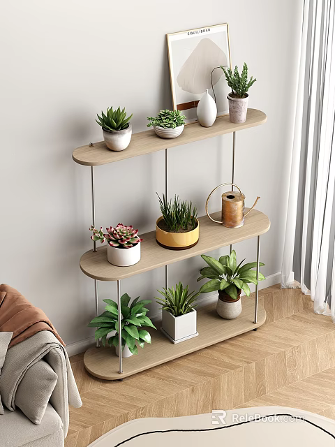 Multi Tier Wooden Metal Plant Stand With Potted Plants And Decorative Kettle Indoor Modern Living Space 3d model 