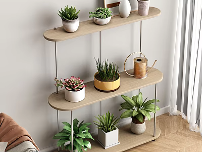 Multi Tier Wooden Metal Plant Stand With Potted Plants And Decorative Kettle Indoor Modern Living Space 3d model