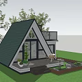 Wooden House With Triangular Green Roof Glass Railed Balcony Deck And Lawn Surrounded By Trees