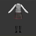 Girls School Uniform Set With White Shirt Grey Vest Tie Plaid Skirt And Black Socks