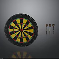 Round Dartboard With Colorful Numbered Segments And Three Metal Darts
