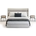Modern Upholstered Double Bed With Decorative Pillows Striped Blanket And Bedside Tables