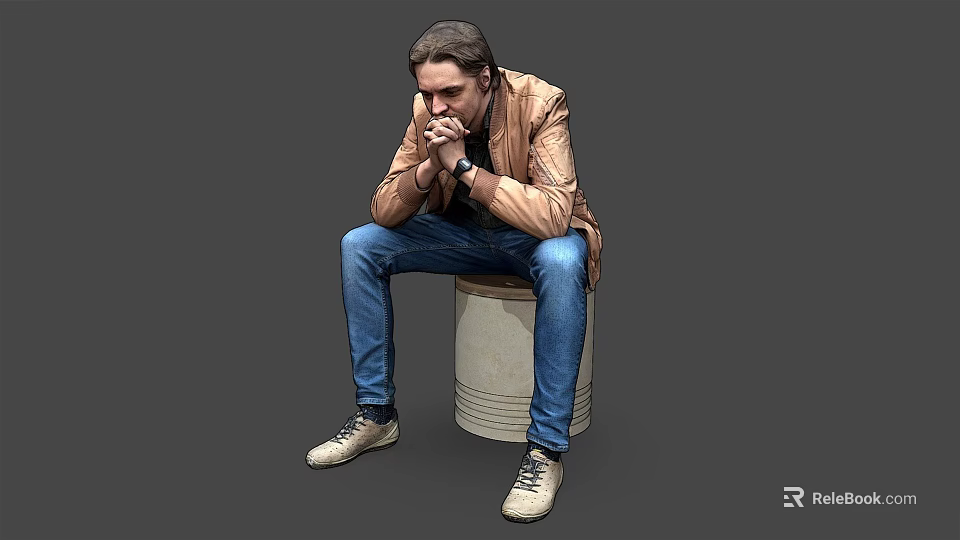 Man Sitting On Barrel Wearing Brown Jacket Blue Jeans White Shoes Resting Hands On Chin 3d model 